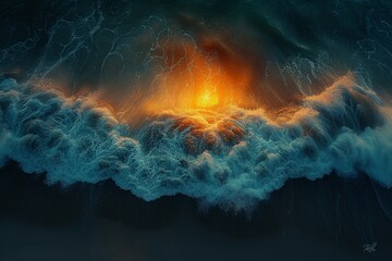 Amidst the turbulent waves, a blazing star erupts like a cosmic volcano, illuminating the vast expanse of the universe with its fiery brilliance - obrazy, fototapety, plakaty