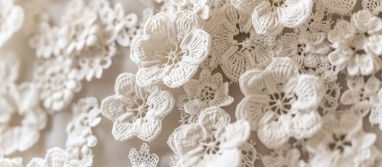 Handmade white openwork fabric, crocheted and knitted. - obrazy, fototapety, plakaty