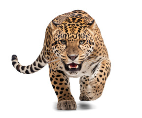 scary leopard in hunting mode, isolated on transparent background