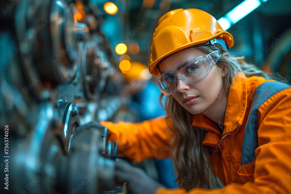 Aufkleber technicians working and operating machinery in industry.