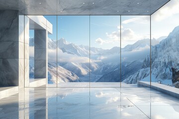 A winter wonderland awaits through the window, where snow-capped mountains reach for the clouds in a breathtaking outdoor landscape