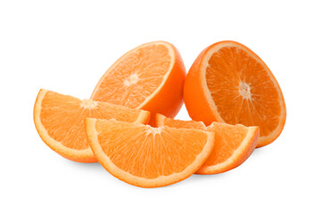 Cut fresh ripe oranges on white background