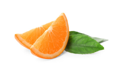 Slices of fresh ripe orange with green leaves on white background