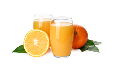Orange juice, fresh fruits and green leaves on white background