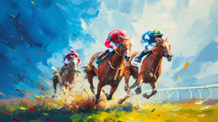 Foto op Plexiglas racing horses competing others. Hippodrome. Racetrack. Equestrian. Derby. Horse sport. Watercolor painting, racing competition drawing, watercolor painting, Abstract colorful background, ai generated  © HayyanGFX