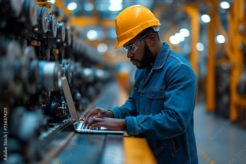 Poster technician using laptop at machine in modern factory.