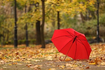 Open red umbrella in autumn park, space for text