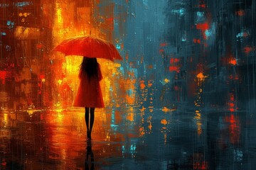 A woman's colorful umbrella pops against the dreary rain as she walks through the city, a living work of art in motion