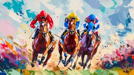 Raamstickers racing horses competing others. Hippodrome. Racetrack. Equestrian. Derby. Horse sport. Watercolor painting, racing competition drawing, watercolor painting, Abstract colorful background, ai generated  © HayyanGFX