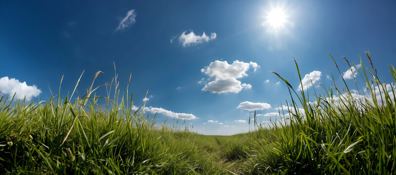 Panorama of green grass on clear blue sky with some clouds, typical of nature in spring.