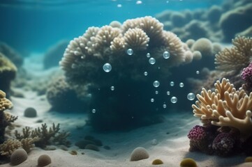 Air bubbles underwater in the sea, near a coral reef.