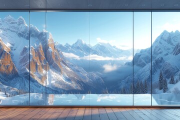 Through the large glass window, the majestic snow-capped mountains stand tall against the wintry sky, creating a breathtaking landscape that beckons to be explored