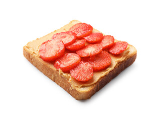 Tasty peanut butter sandwich with sliced strawberries isolated on white
