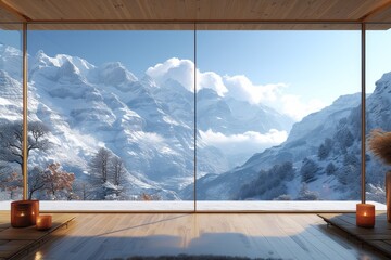 A cozy indoor space embraces the stunning winter landscape outside, with a large window framing the majestic snowy mountains, adorned with billowing clouds and towering trees