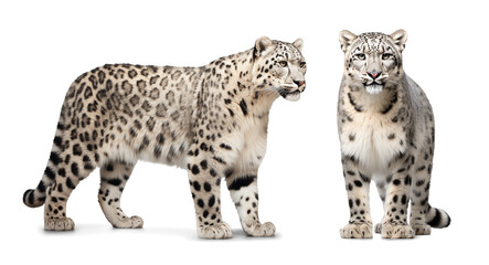 Two snow leopard couple front and side view on isolated background