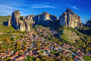 Kastraki village and the rocks of Meteora. Trikala, Thessaly, Greece. Meteora have been declared...