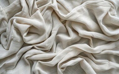 Fabric backdrop White linen canvas crumpled natural cotton fabric Natural handmade linen top view background 