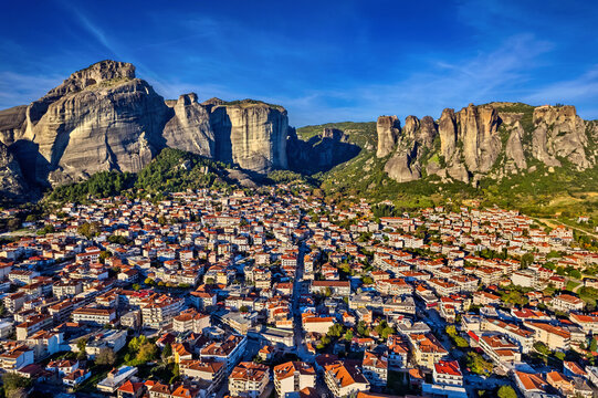 Kalambaka town and the rocks of Meteora. Trikala, Thessaly, Greece. Meteora have been declared World Heritage sight by UNESCO.
