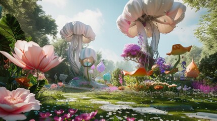Wander through a whimsical garden blooming with vibrant flowers and whimsical art installations. Delicate petals sway in the breeze,