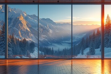 Nature's majestic beauty reflected in the serene winter landscape outside the expansive windows, framing a stunning view of snow-capped mountains, towering trees, and a peaceful lake at sunrise