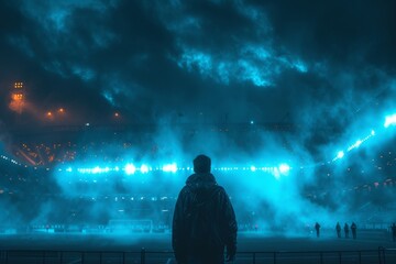A solitary figure emerges from the mist, gazing up at the ethereal glow of the stadium lights...