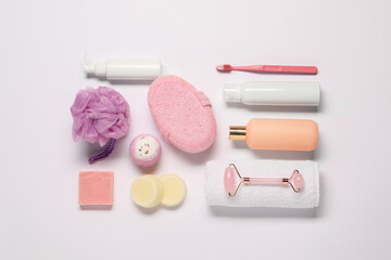 Bath accessories. Different personal care products on white background, flat lay