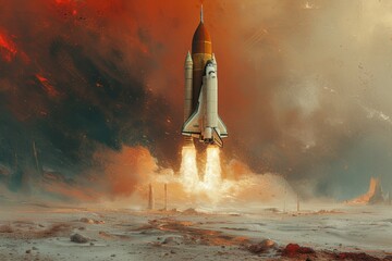 A powerful rocket blasts off into the sky, leaving a trail of smoke behind as it transports its precious cargo of astronauts and hopes for the future into outer space - obrazy, fototapety, plakaty