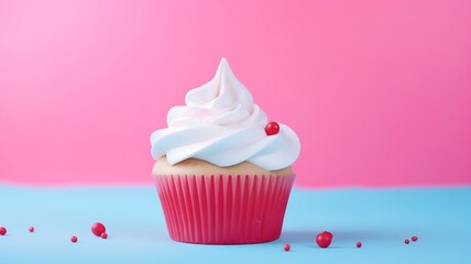 Delicious cupcake with white frosting on a blue surface
