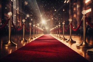 Red carpet rolling out in front of glamorous movie Presentation, Red carpet with golden stanchions on stage. 3d rendering, AI generated - obrazy, fototapety, plakaty