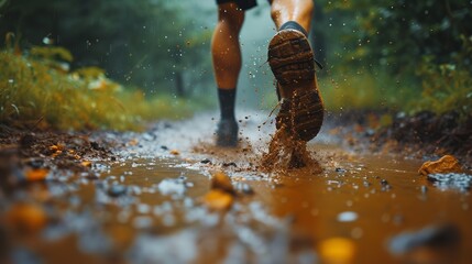 A view of a man's legs moving quickly in a sloppy, muddy route during a wet day and space, Generative AI. - obrazy, fototapety, plakaty