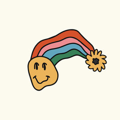 Retro psychedelic poster from the 70s-60s. Rainbow with a smiley face. Bright vintage vector illustration. Hippie Boho style, cartoon.