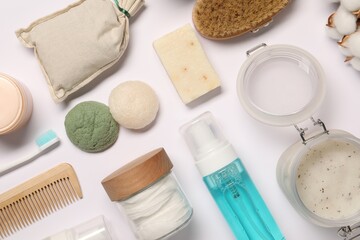 Fototapeta na wymiar Bath accessories. Flat lay composition with personal care products on white background