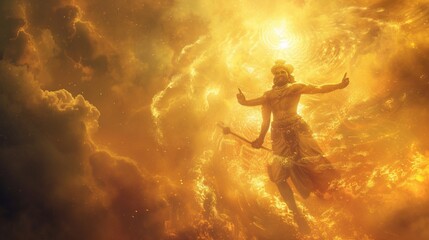 Witness a celestial scene as the divine figure of Lord Rama descends from the heavens, bathed in a radiant aura of golden light. - obrazy, fototapety, plakaty
