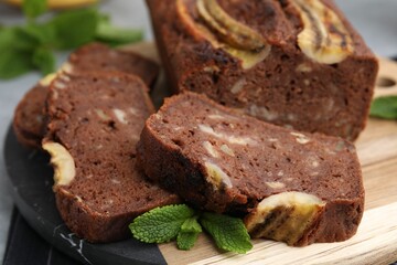 Delicious homemade banana bread on table, closeup