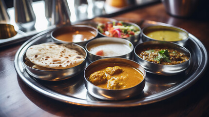 Stunning delicious Indian Thali dish symphony of spices and flavors, Thali graces cafe table inviting diners to indulge in richness of Indian cuisine, rich tapestry of Indian flavors