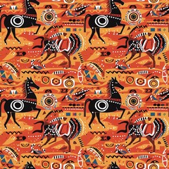 abstract seamless pattern ancient Bohemian times African American style, popular among people star Sun, horses playing, orange, green, red, yellow, native, all colors, seamless fabric patterns, 