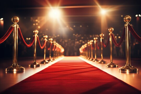 Red carpet rolling out in front of glamorous movie Presentation, Red carpet with red carpet and spotlights, 3D rendering., AI generated