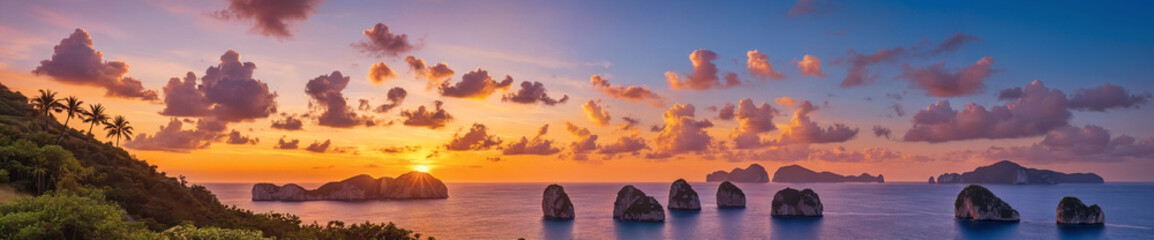 Tranquil ocean sunset with majestic rock formations and serene cloudy sky - Powered by Adobe