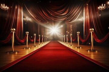 Red carpet rolling out in front of glamorous movie Presentation, Red carpet with golden stanchions on dark background. 3D Rendering,AI generated - obrazy, fototapety, plakaty