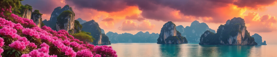 Breathtaking sea landscape with cloudy sky painted by the hues of a sunset and towering rocks adorned with beautiful pink flowers in the foreground
