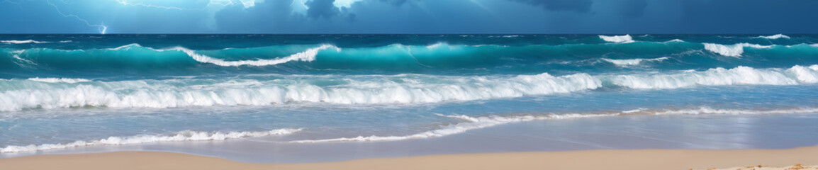 Tranquility at the seashore: scenic view of waves rolling onto the sandy beach under a cloudy blue sky
