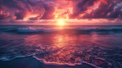Seascape landscape of ocean with waves at sunrise . - obrazy, fototapety, plakaty
