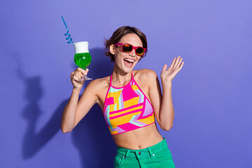 Photo of positive funky carefree girl wear stylish clothes tasty cocktail mohito have fun relax...
