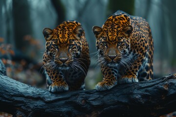 Two majestic leopards gracefully perch upon a log, their powerful presence and wild beauty captivating all who lay eyes upon them in the outdoor exhibit at the zoo