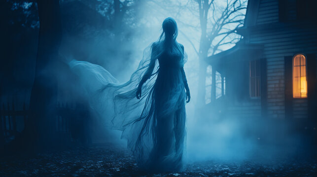 Mysterious female ghost silhouette veiled in translucent fabric emerges from fog in backyard creating an otherworldly ambiance and aura of ghostly mystique, scary ghost of dead relative at night