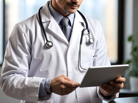 The doctor looking at a blank mockup tablet computer with a white screen for copy space. Background for medical product presentation or online medicine scene design