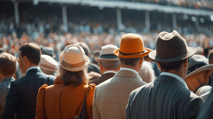 ladies day, Young pretty women in beautiful dresses wearing fascinators watching horse racing, Young pretty women watching horse racing, Woman watching race with big fancy hat, ai generated - obrazy, fototapety, plakaty