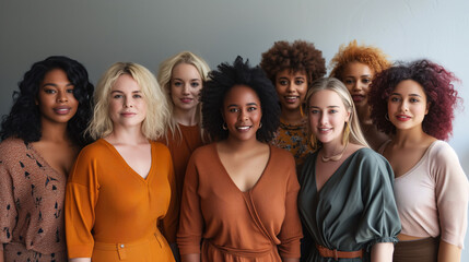 Fototapeta premium Diverse group of women, of different ethnicities and different body types, feel strong and confident in themselves. Body positive, diversity and acceptance concept.