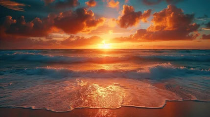 Foto op Canvas Seascape landscape of ocean with waves at sunrise . © Barosanu