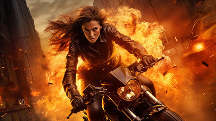 Action shot with black woman on the bike riding away from fire and explosion. Dynamic scene in action movie blockbuster style.